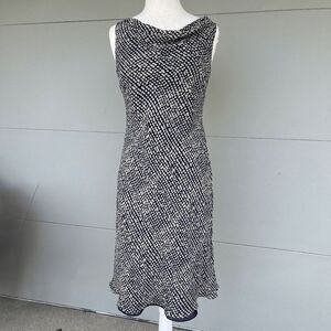 VTG 90s Shomi Silk Slip Dress Blue Cream Abstract Print Cowl Neck Midi Sz M